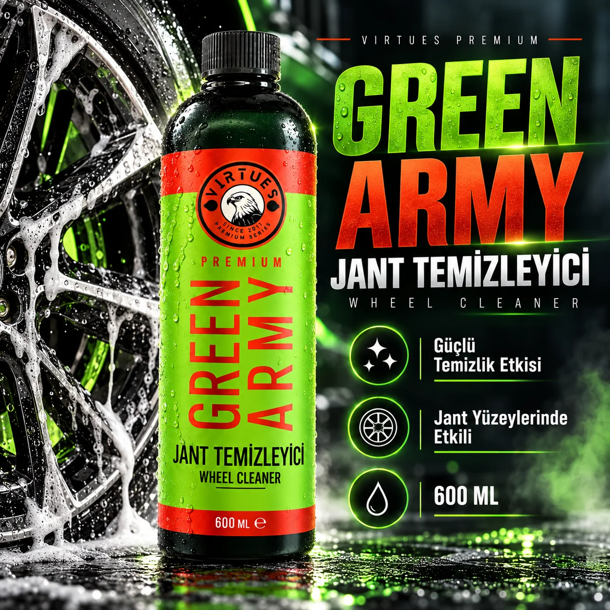 Virtues Premium Green Army Demirtozu Etkili Jant Temizleyici 600ml